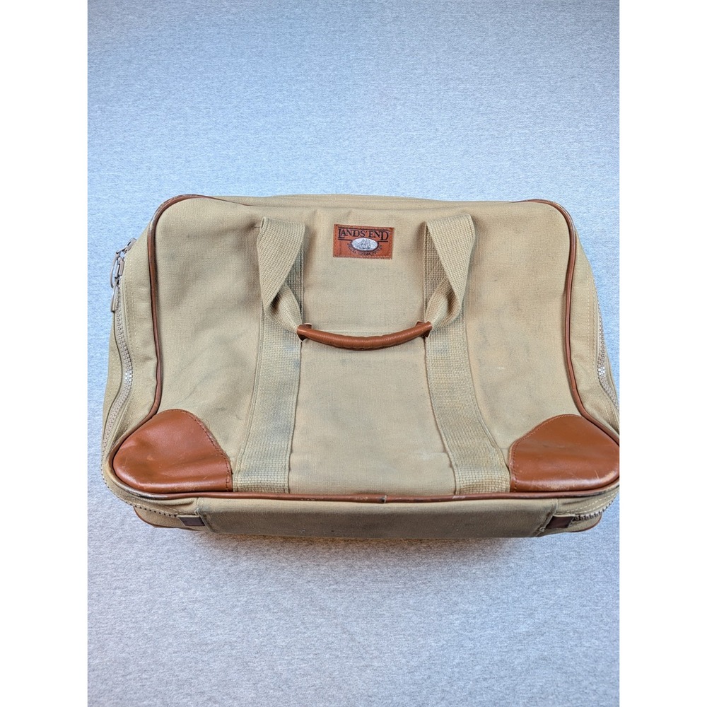 Vintage Lands' End Canvas Leather Trim Garment Bag Suiter Carry On Khaki Tan USA
